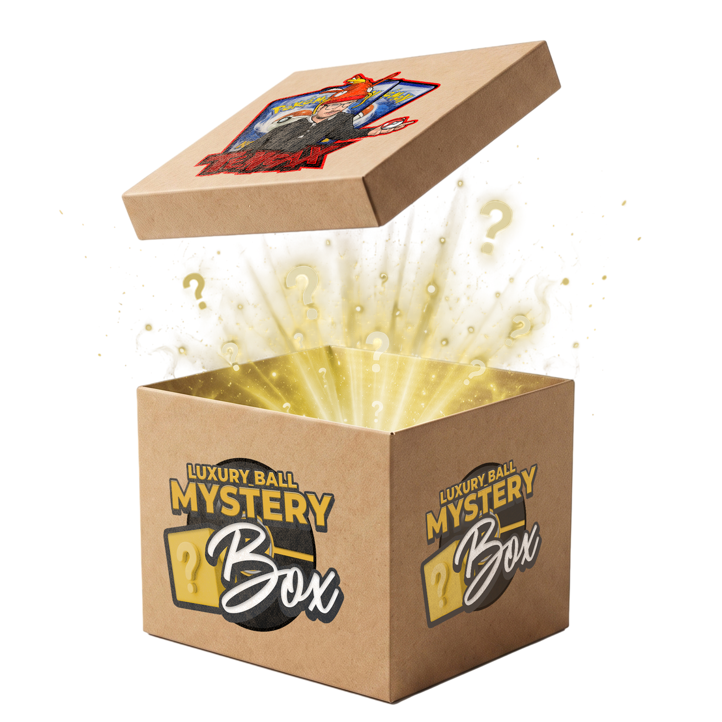 A brown cardboard mystery box with the lid open, showing a glowing golden interior and question-mark graphics. The box is printed with 'LUXURY BALL MYSTERY Box' branding and features a colorful illustration on the lid.