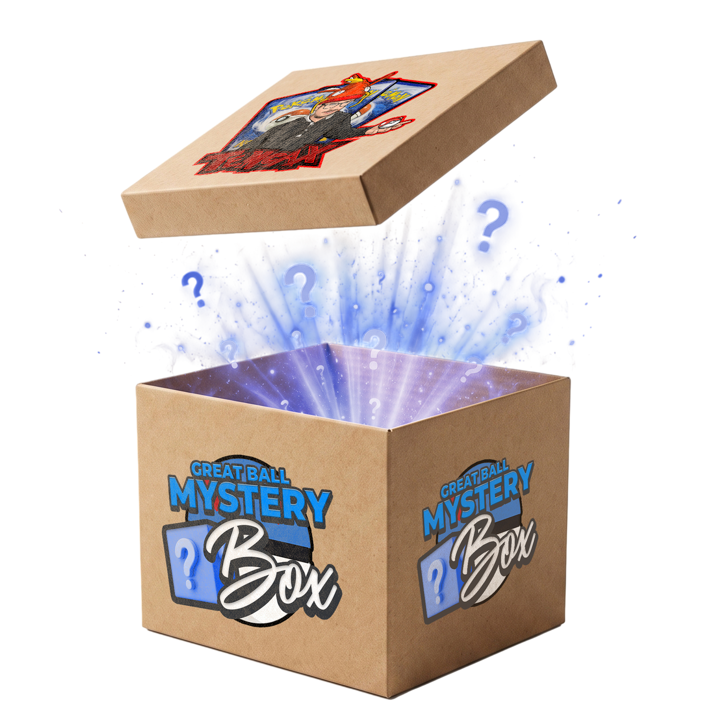 A brown cardboard mystery box with the words 'Great Ball Mystery Box' printed on the front and lid. The lid is shown lifted open, with a blue and purple glowing burst effect coming from inside, against a plain white background.