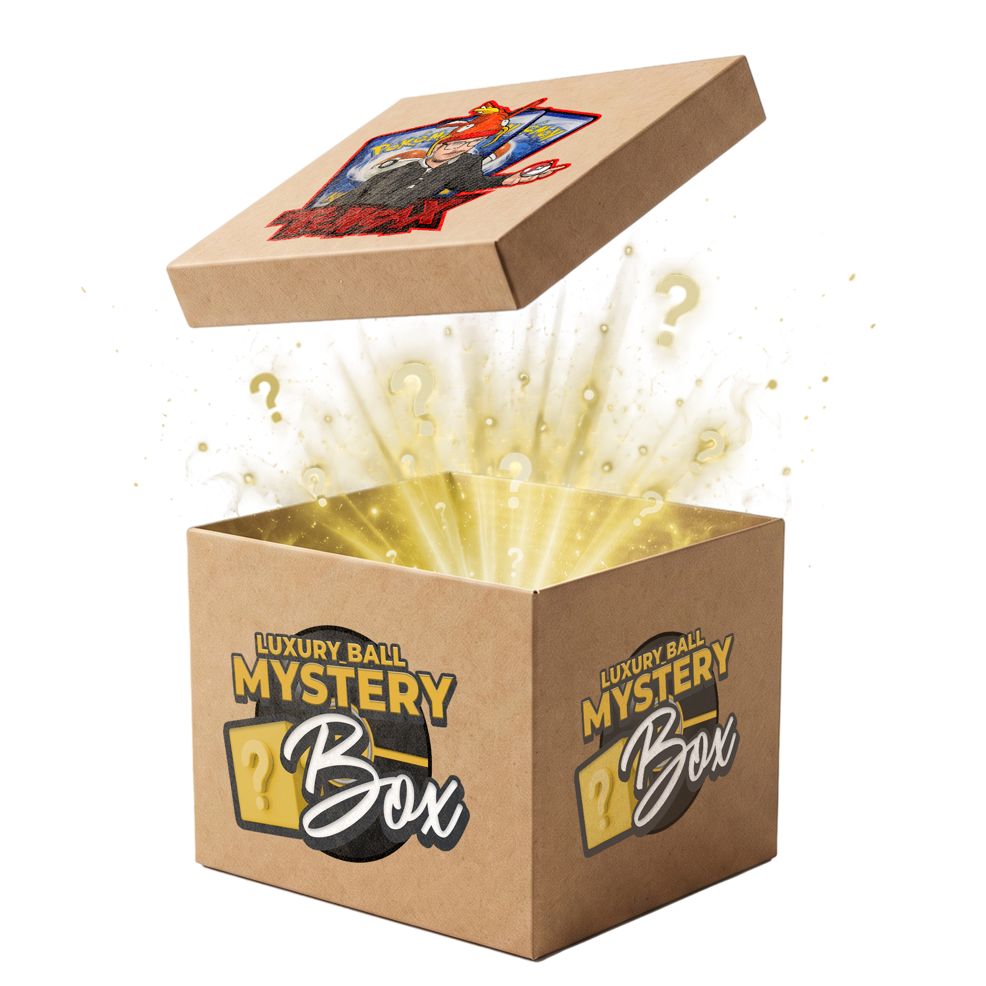 A brown cardboard mystery box with the lid open, showing a glowing golden interior and question-mark graphics. The box is printed with 'LUXURY BALL MYSTERY Box' branding and features a colorful illustration on the lid.