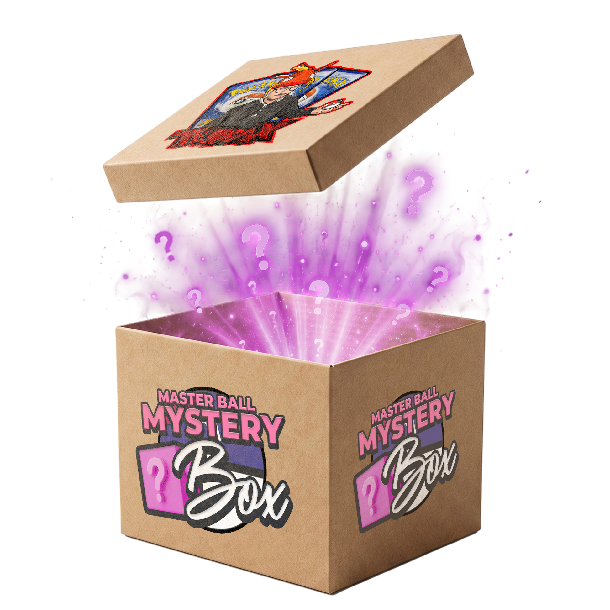 A cardboard mystery box labeled 'MASTER BALL MYSTERY Box' with a cartoon character graphic on the lid, shown open with a glowing purple burst and question marks inside on a white background.