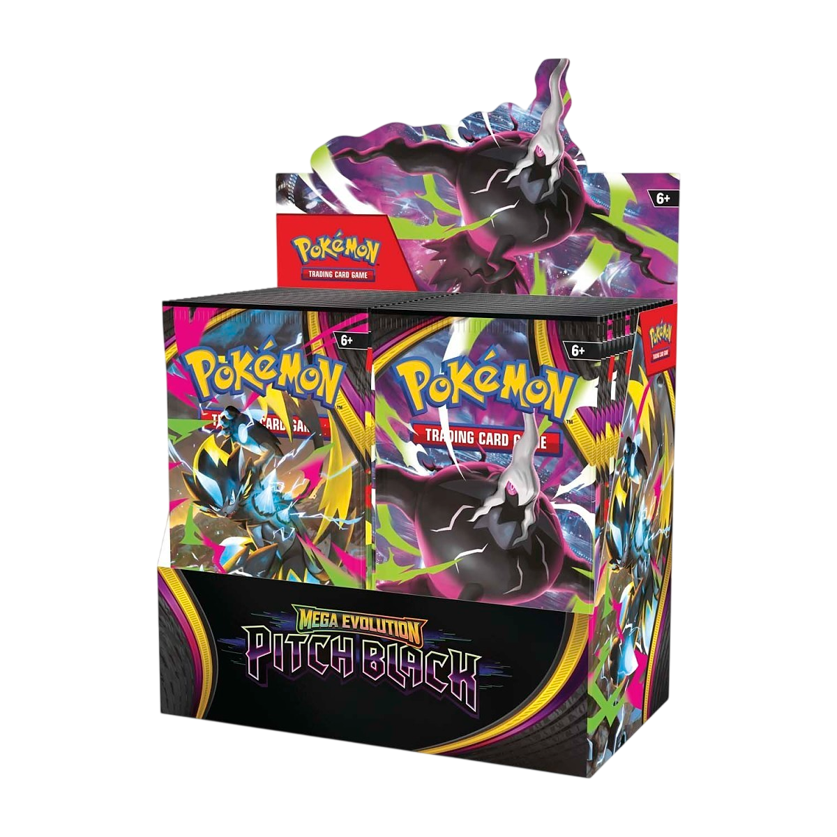 Pokémon Mega Evolution Pitch Black trading card game display box with three booster packs inside, featuring vibrant black, purple, and neon multicolor artwork on a plain white background.