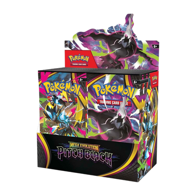 Pokémon Mega Evolution Pitch Black trading card game display box with three booster packs inside, featuring vibrant black, purple, and neon multicolor artwork on a plain white background.