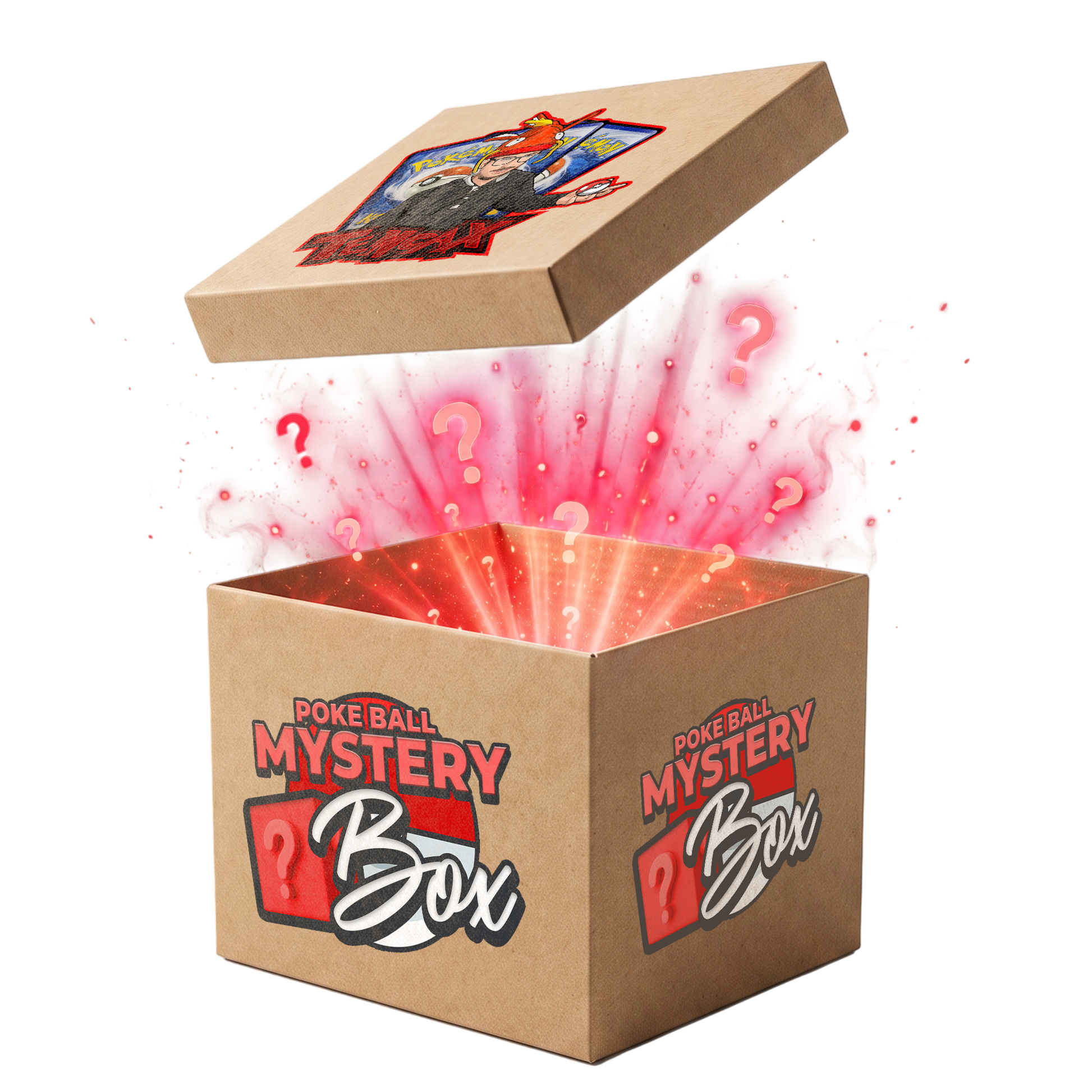 A cardboard mystery box labeled 'POKEBALL MYSTERY Box' with a Pokéball theme sticker on the lid, shown open with glowing red and pink sparkles and question marks radiating from inside, on a plain white background.