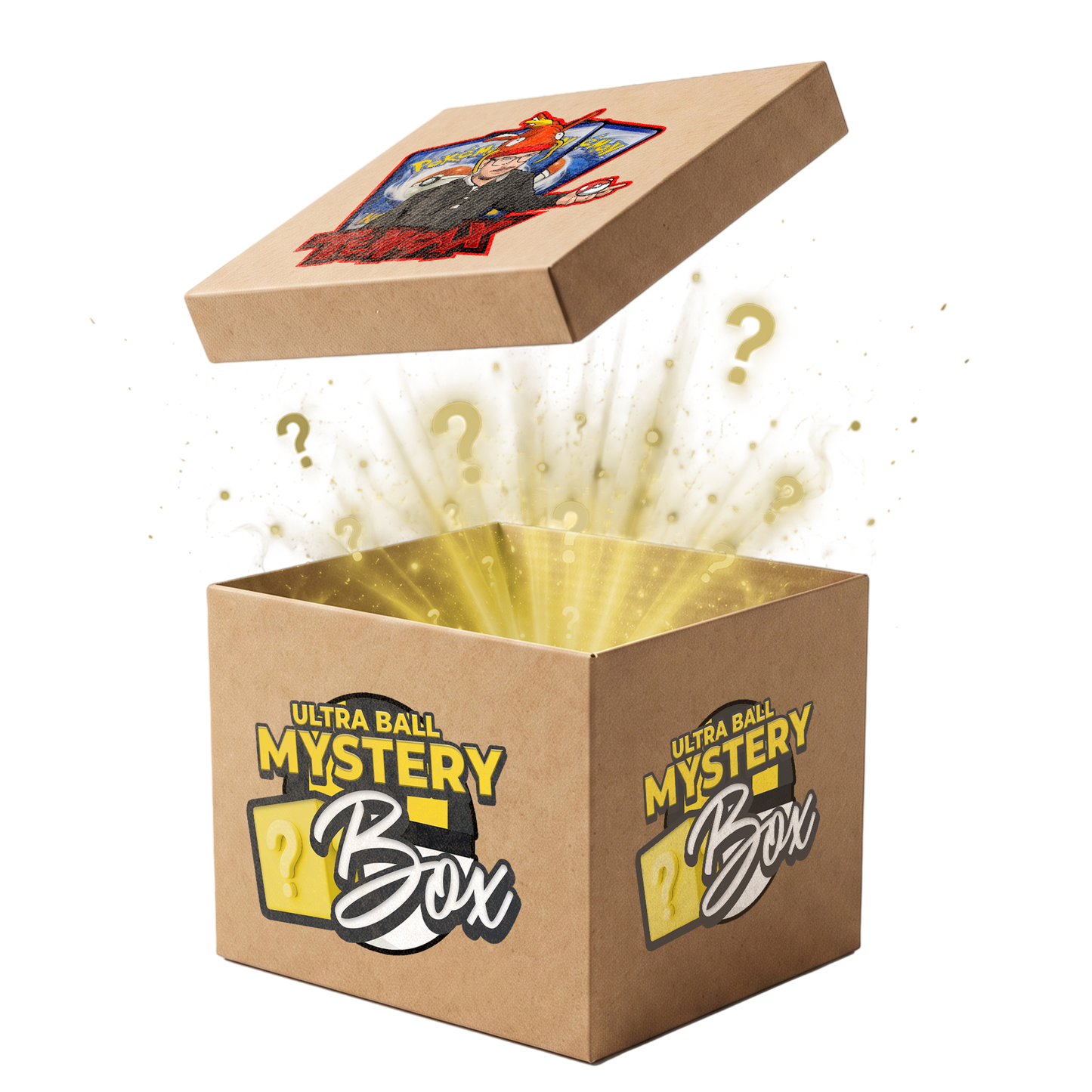 An open brown cardboard mystery box with a hinged lid, featuring 'ULTRA BALL MYSTERY Box' branding on the front and side. A bright yellow and gold light effect bursts from inside the box, with question marks floating above, set against a plain white background.
