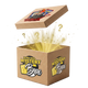 An open brown cardboard mystery box with a hinged lid, featuring 'ULTRA BALL MYSTERY Box' branding on the front and side. A bright yellow and gold light effect bursts from inside the box, with question marks floating above, set against a plain white background.